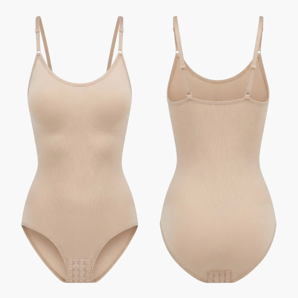 Body Silken™ Contour de Silkenshape avec décolleté en V et compression zonée, en tissu noir élégant, ajusté pour un maintien optimal.