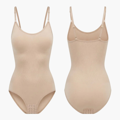 Body Silken™ Contour de Silkenshape avec décolleté en V et compression zonée, en tissu noir élégant, ajusté pour un maintien optimal.