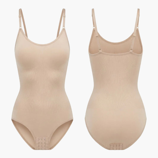 Body Silken™ Contour de Silkenshape avec décolleté en V et compression zonée, en tissu noir élégant, ajusté pour un maintien optimal.
